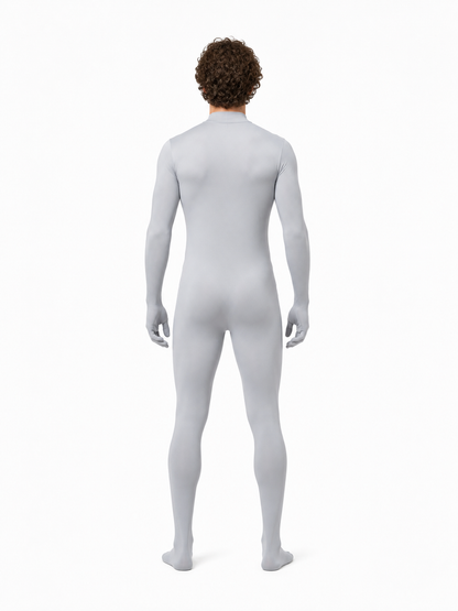 Gray Form-Fitting Jumpsuit with High Collar back view