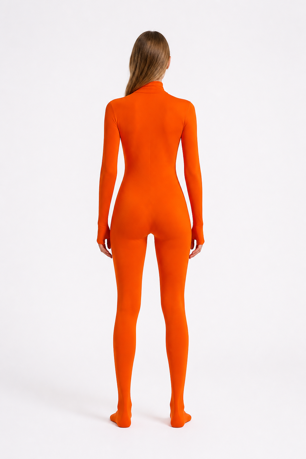Orange Form-Fitting Jumpsuit with High Collar back view