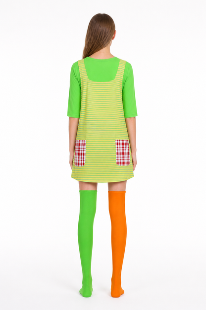 Pippi Longstocking Cosplay Costume, Apron Dress, Top, and Socks back view