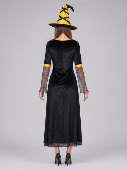 This Halloween costume includes a long dress and a pointed hat. The dress is in a black-and-orange color scheme: the center features a bright orange panel, and the black outer layer has a flared hem. The semi-sheer sleeves are decorated wit