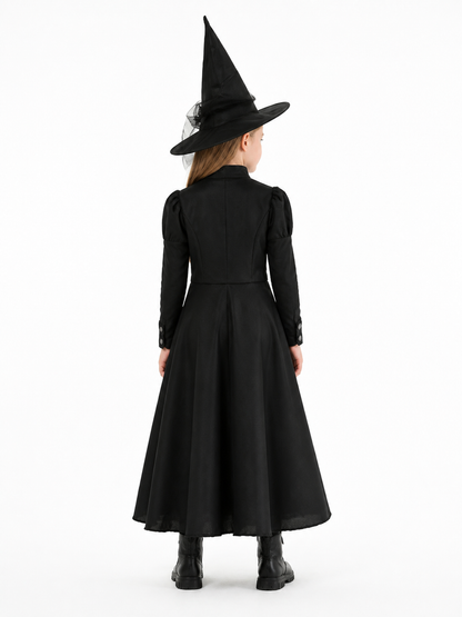 Black witch costume with a pointed hat for masquerades back view