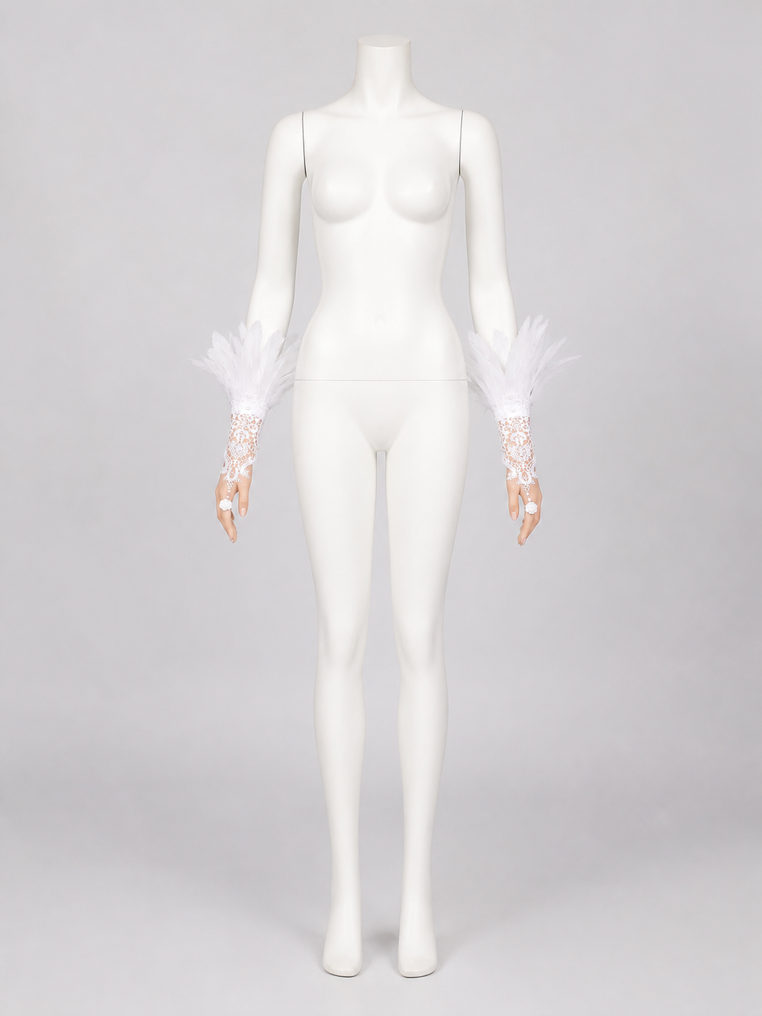 White Lace Finger-Loop Feather Gloves, Pair