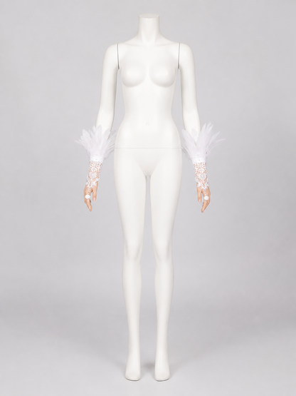 White Lace Finger-Loop Feather Gloves, Pair