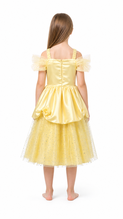 Yellow Princess Costume Dress with Sequins and Roses back view