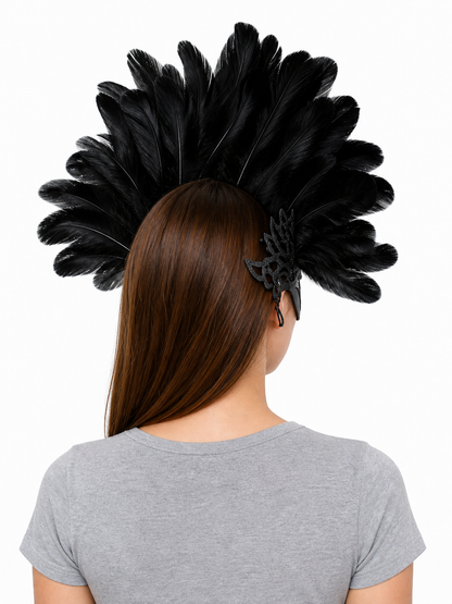 Carnival headpiece with black feathers and a mask