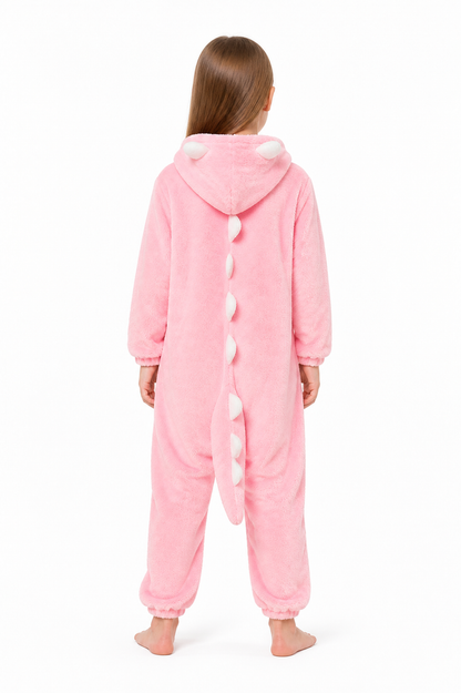 Pink Dinosaur Hooded Children's Jumpsuit back view