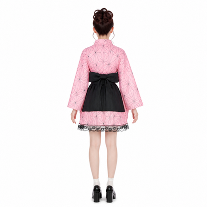 Short Kimono-Style Dress with Lace and Bow back view