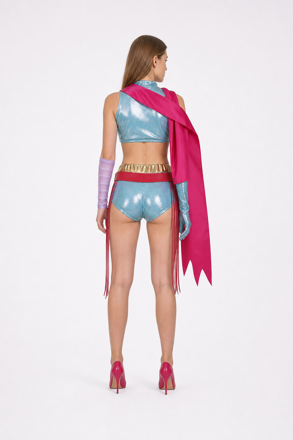 Character costume set with top, shorts, and accessories back view