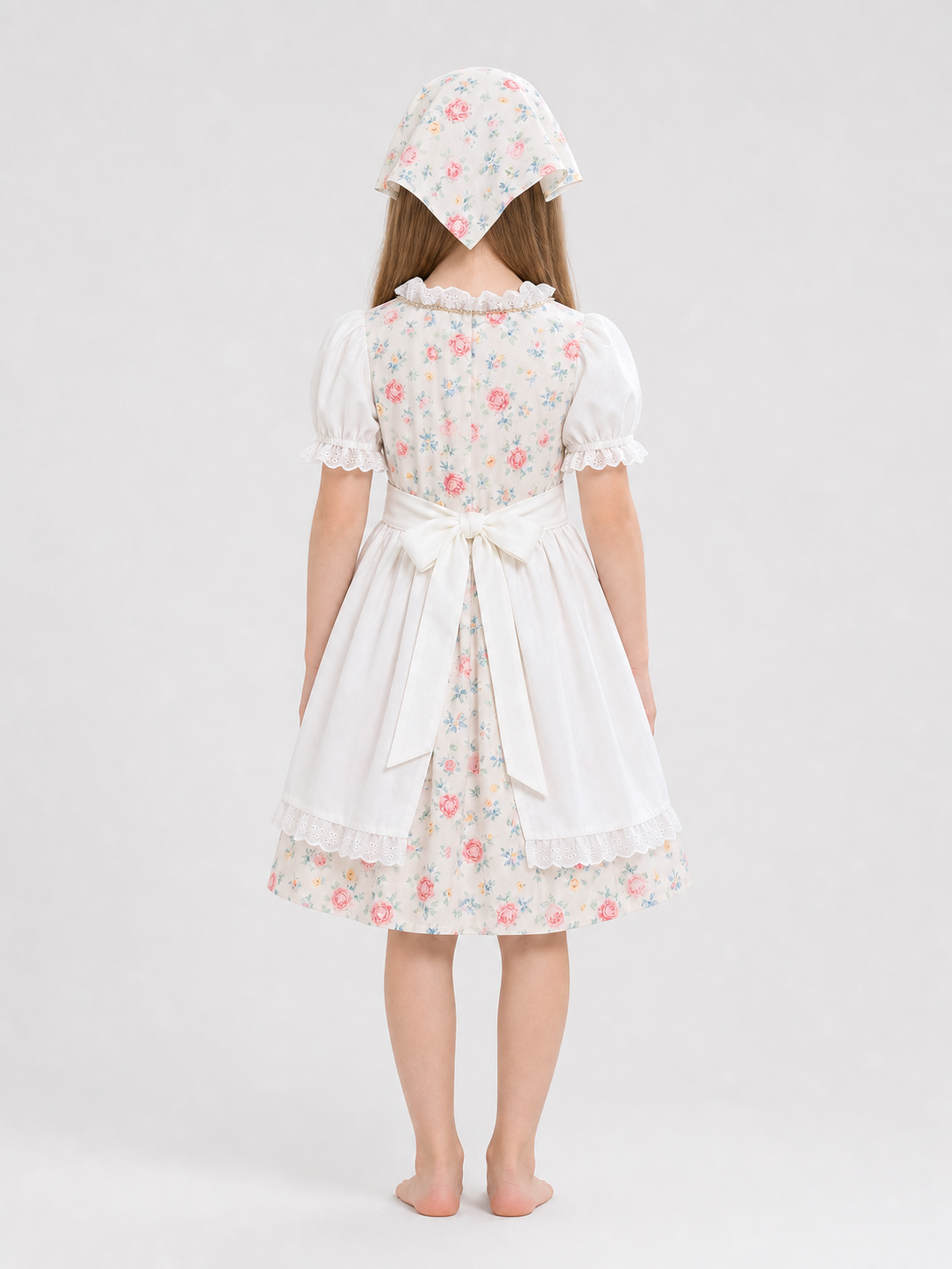 Dress with Apron and Headscarf, Floral Print