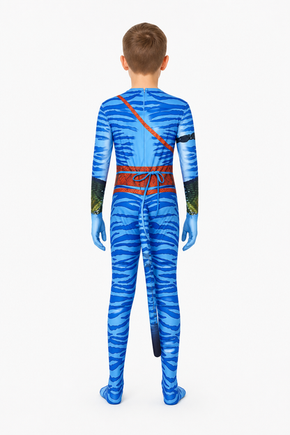Avatar Costume Jumpsuit with Tail for Cosplay, Blue, 110-190 back view