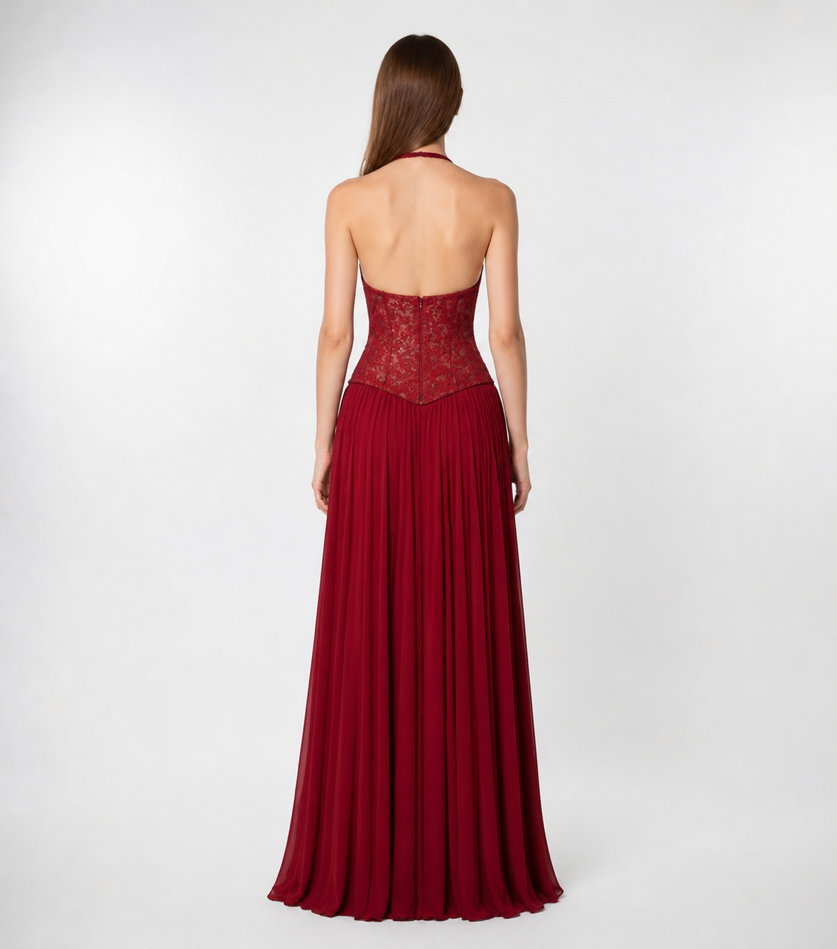 Maxi Dress with Halter Straps, Corset Bodice, and Pleated Skirt back view