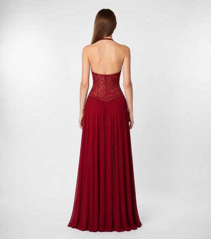 Maxi Dress with Halter Straps, Corset Bodice, and Pleated Skirt back view