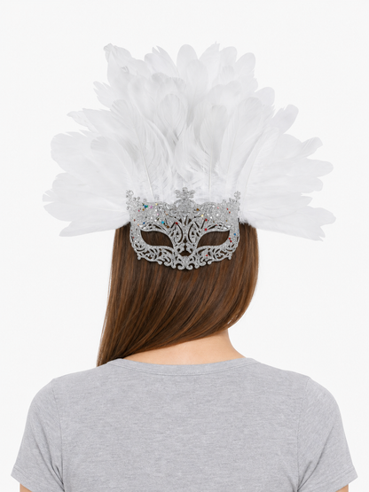 Masquerade Mask with White Feathers and Glitter