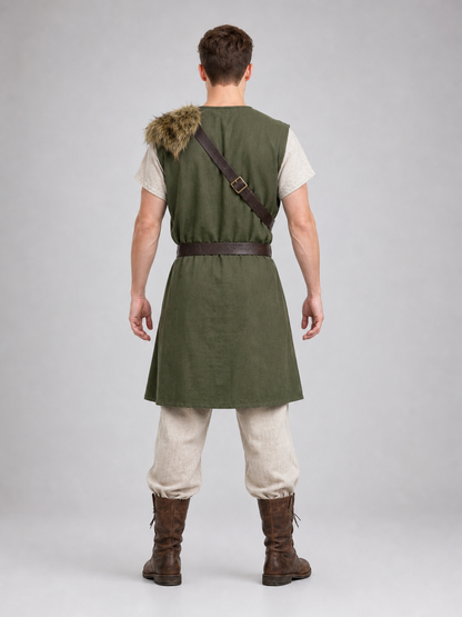 Sleeveless cotton and linen tunic with fur trim