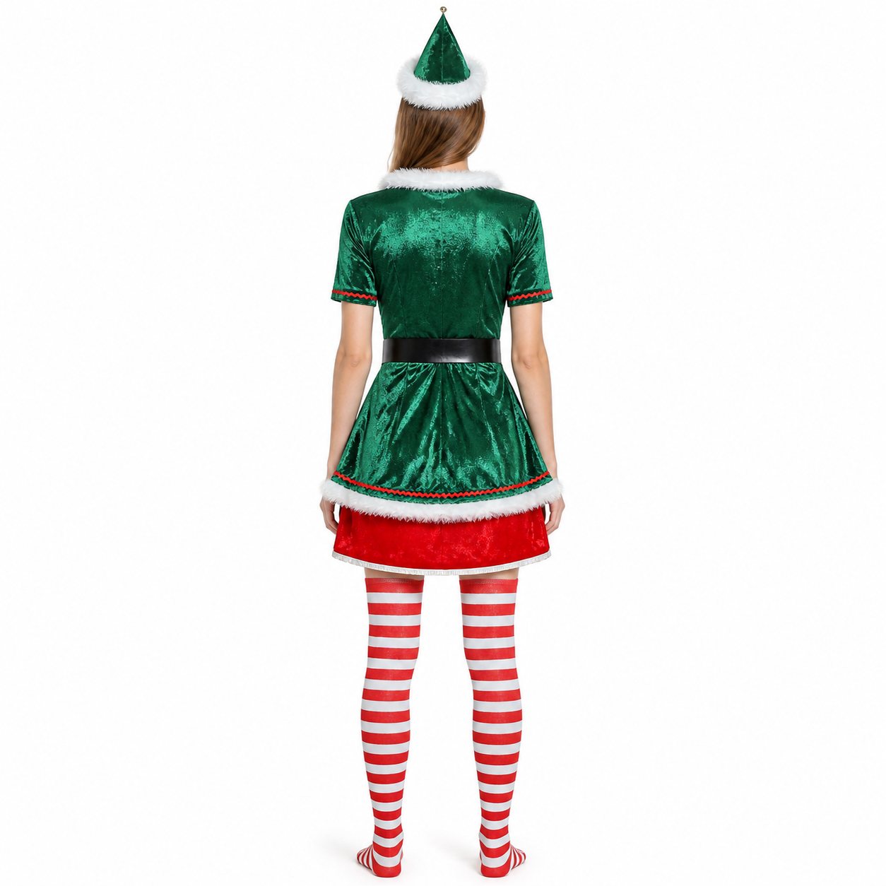 New Year's elf costume with a pointed hat and knee-high socks back view