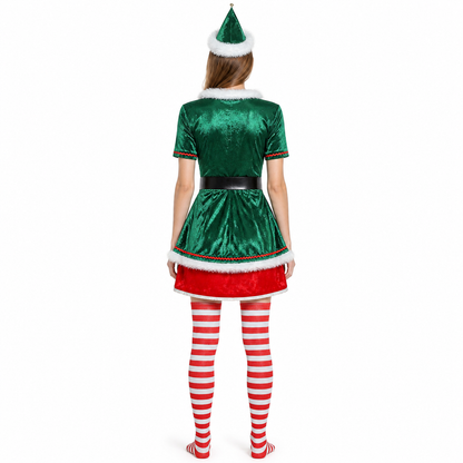 New Year's elf costume with a pointed hat and knee-high socks back view