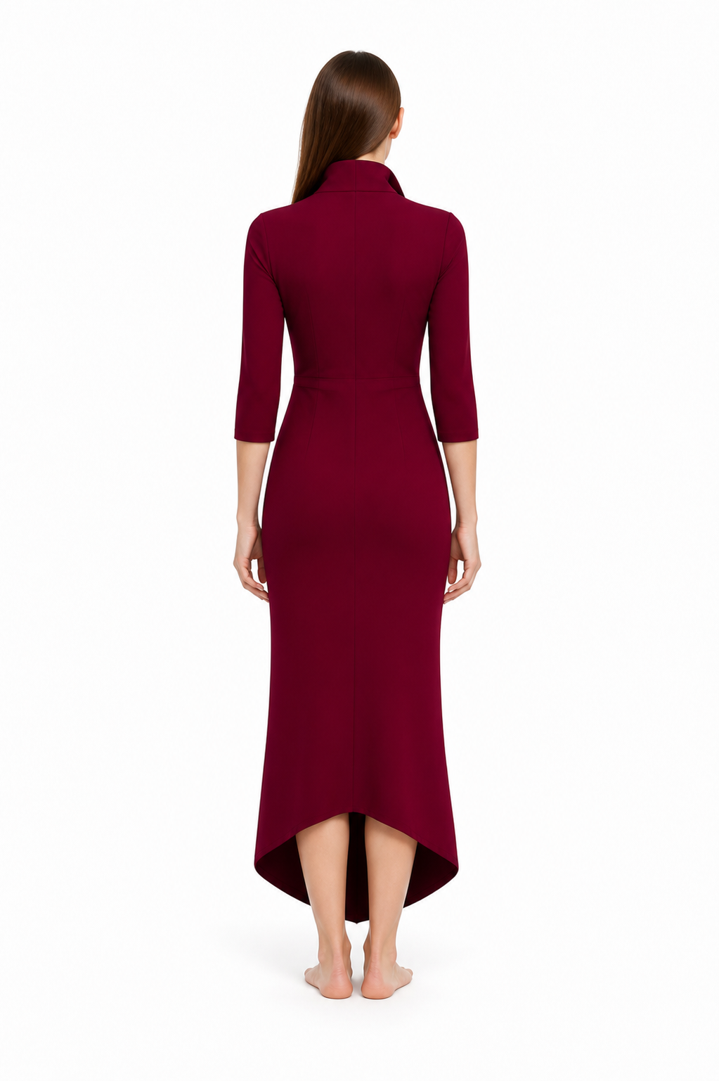 Burgundy Dress with a V-Neck and Asymmetrical Hem back view