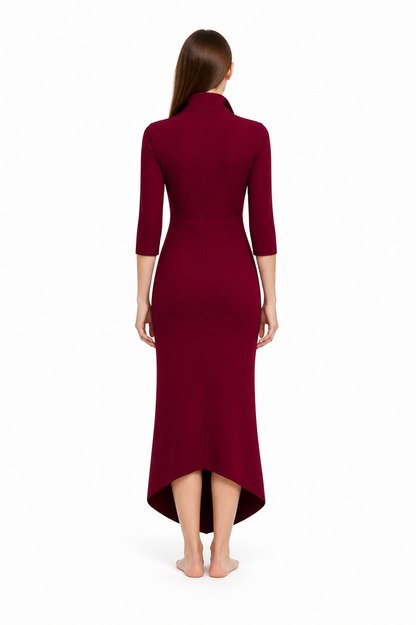 Burgundy Dress with a V-Neck and Asymmetrical Hem back view