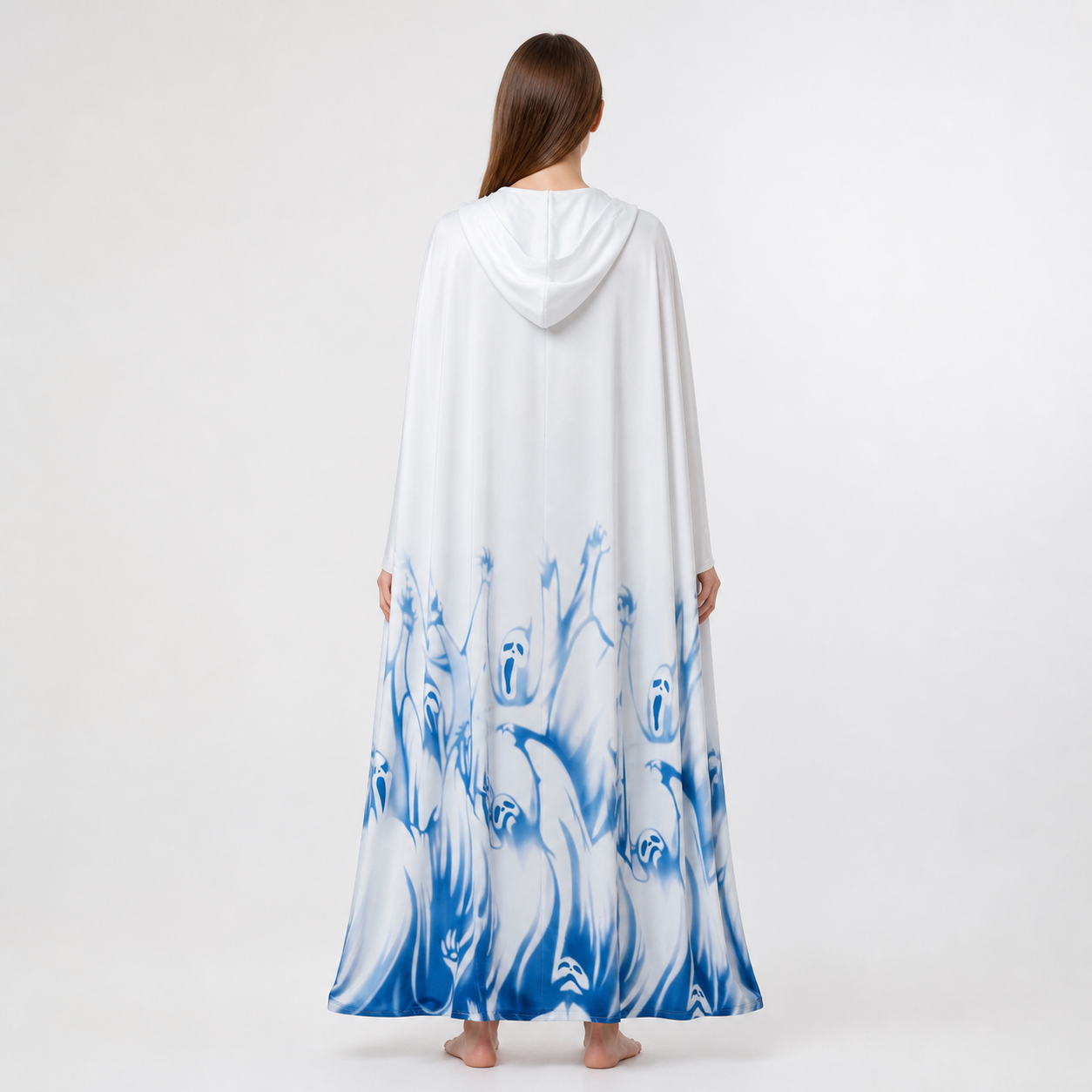 Long Hooded Robe, White with Blue Print back view