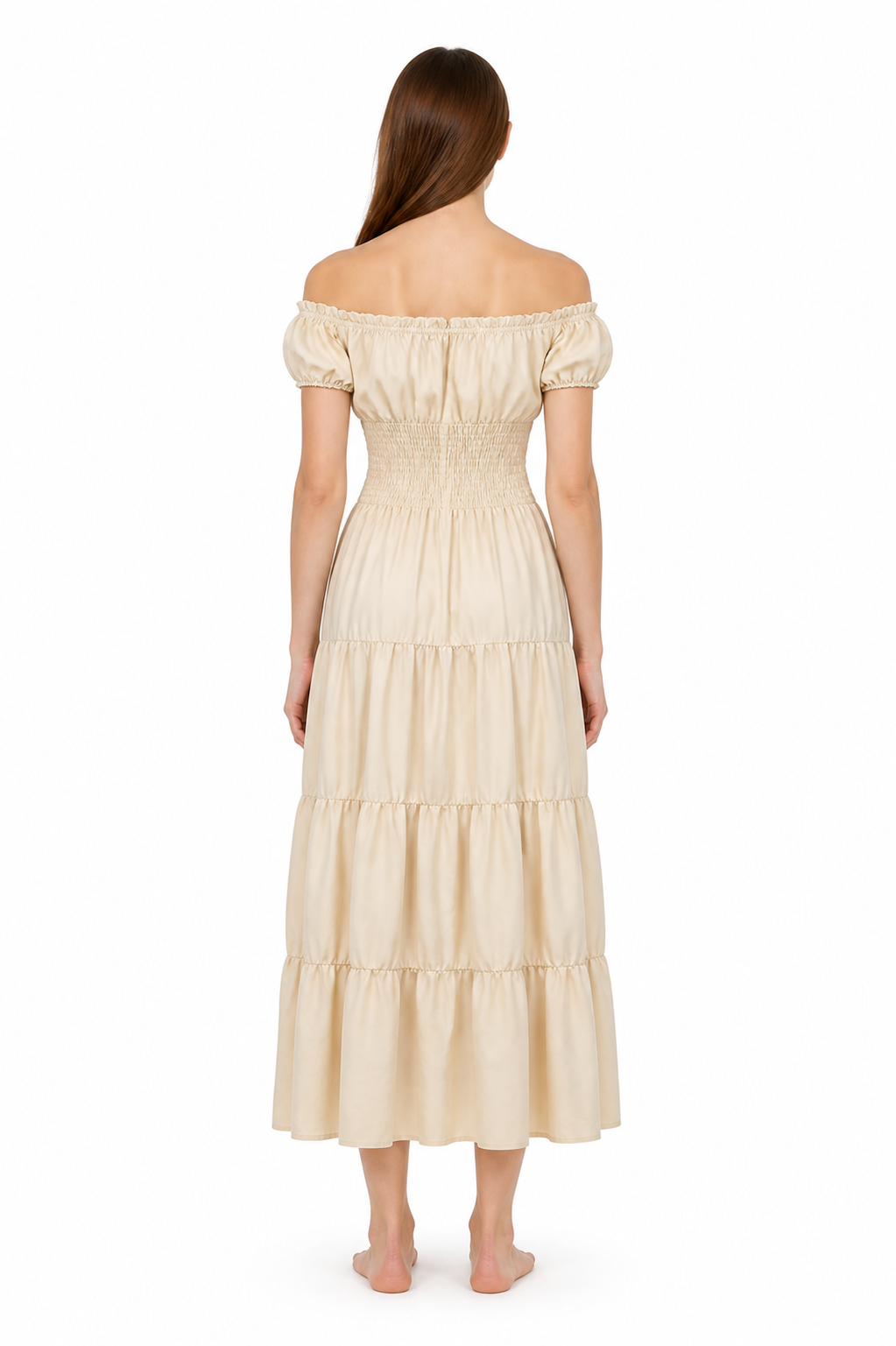 Long Milk-White Dress with Tiered Skirt back view