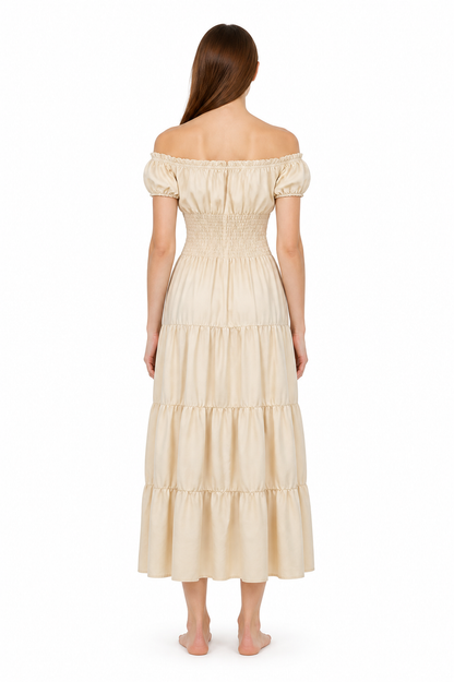 Long Milk-White Dress with Tiered Skirt back view