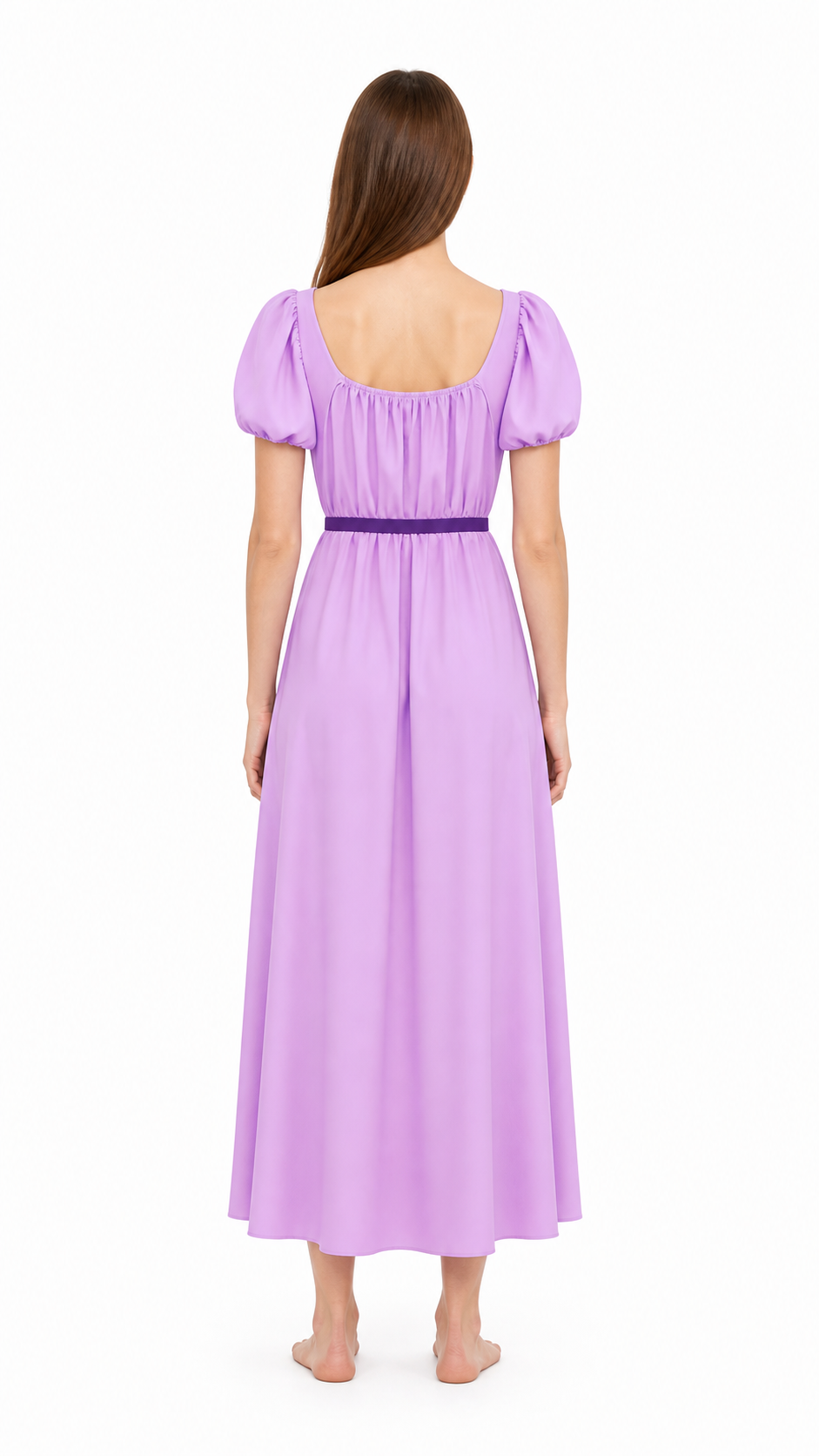Purple Dress with Puff Sleeves and a Long Skirt back view