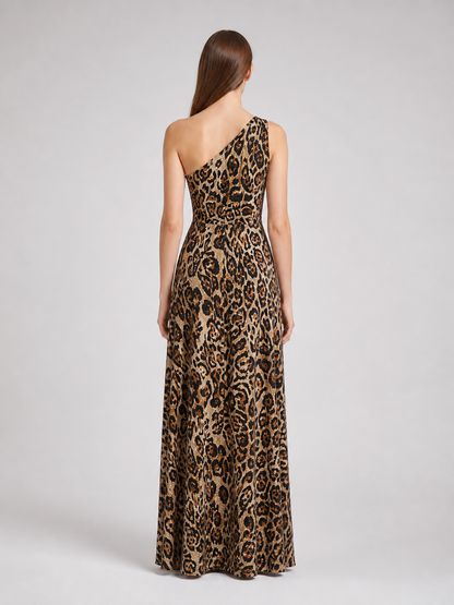 One-Shoulder Leopard Print Maxi Dress