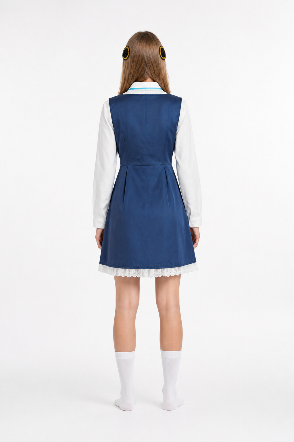 Cosplay costume with dress, shirt, and accessories back view