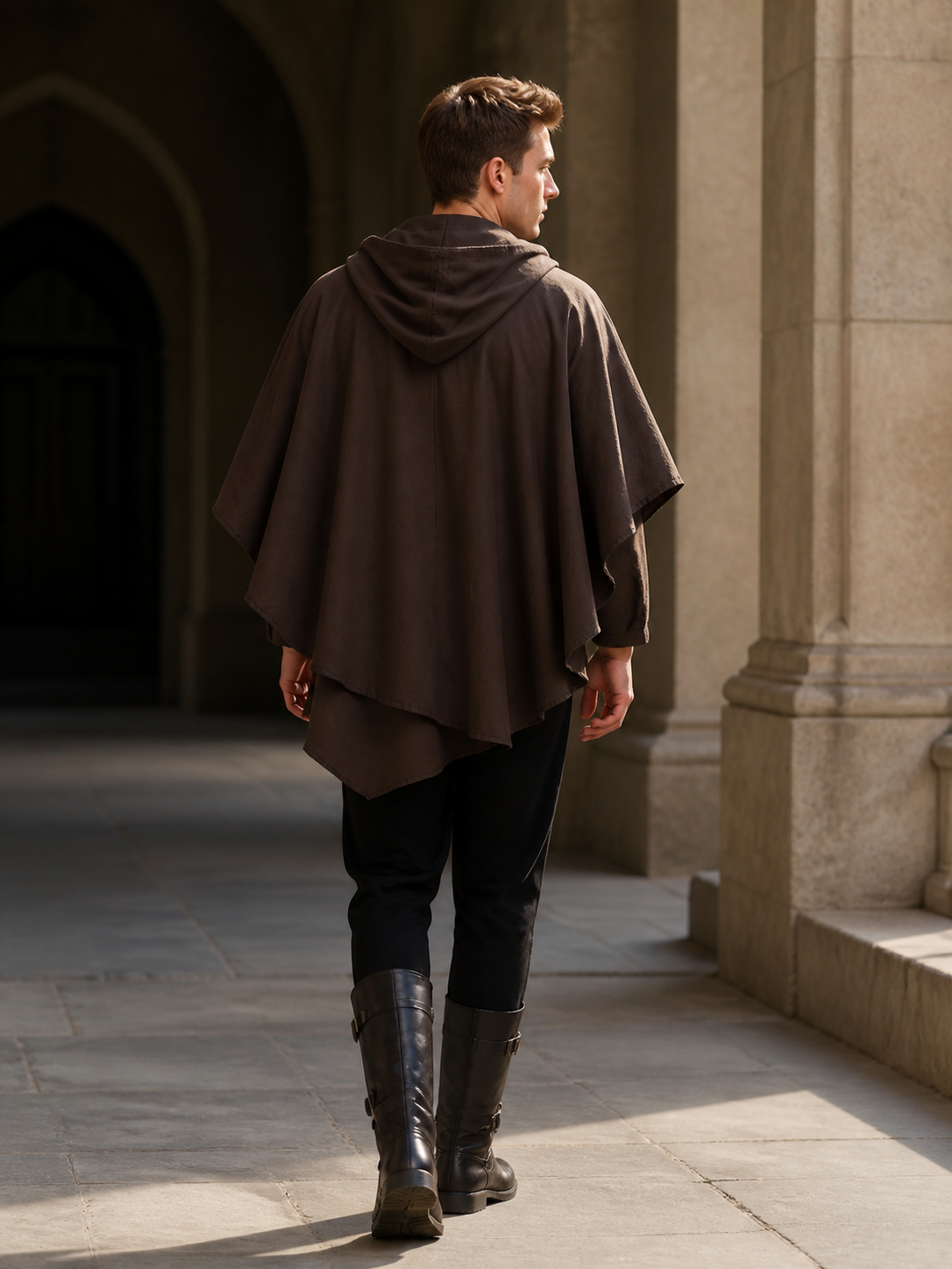 Women's Hooded Wanderer Cloak Costume with Layered Hem, Shoulder Draped Pleats back view
