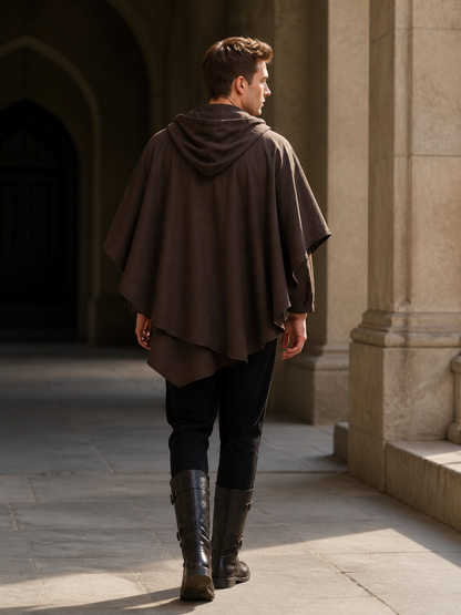 Women's Hooded Wanderer Cloak Costume with Layered Hem, Shoulder Draped Pleats back view