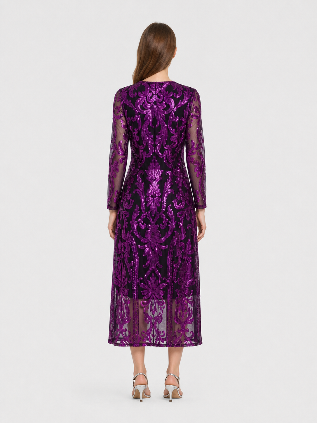 Long Sequin Dress with Sheer Hem