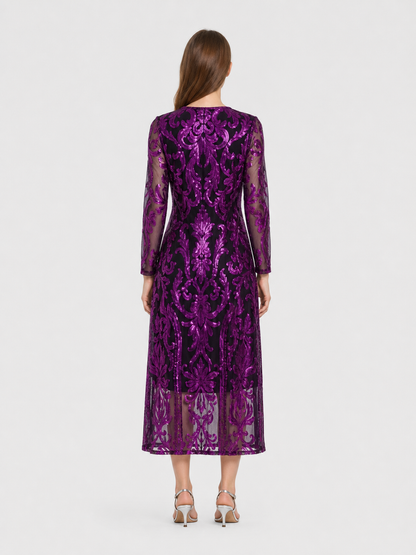 Long Sequin Dress with Sheer Hem