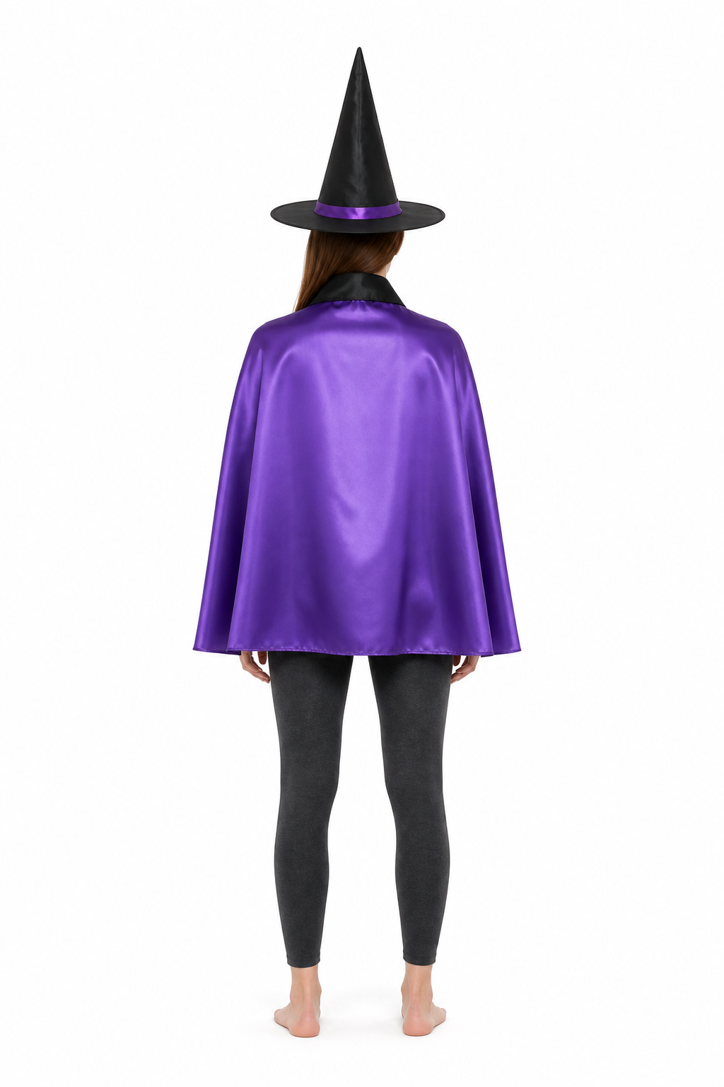 Witch Costume with a Pointed Hat and Purple Cape back view