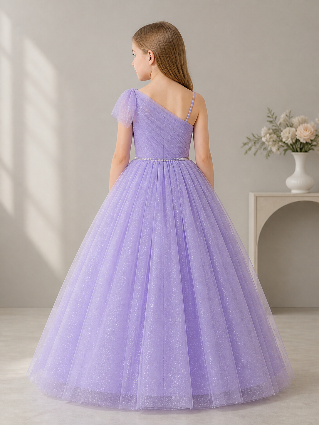 Lilac One-Shoulder Maxi Party Dress back view