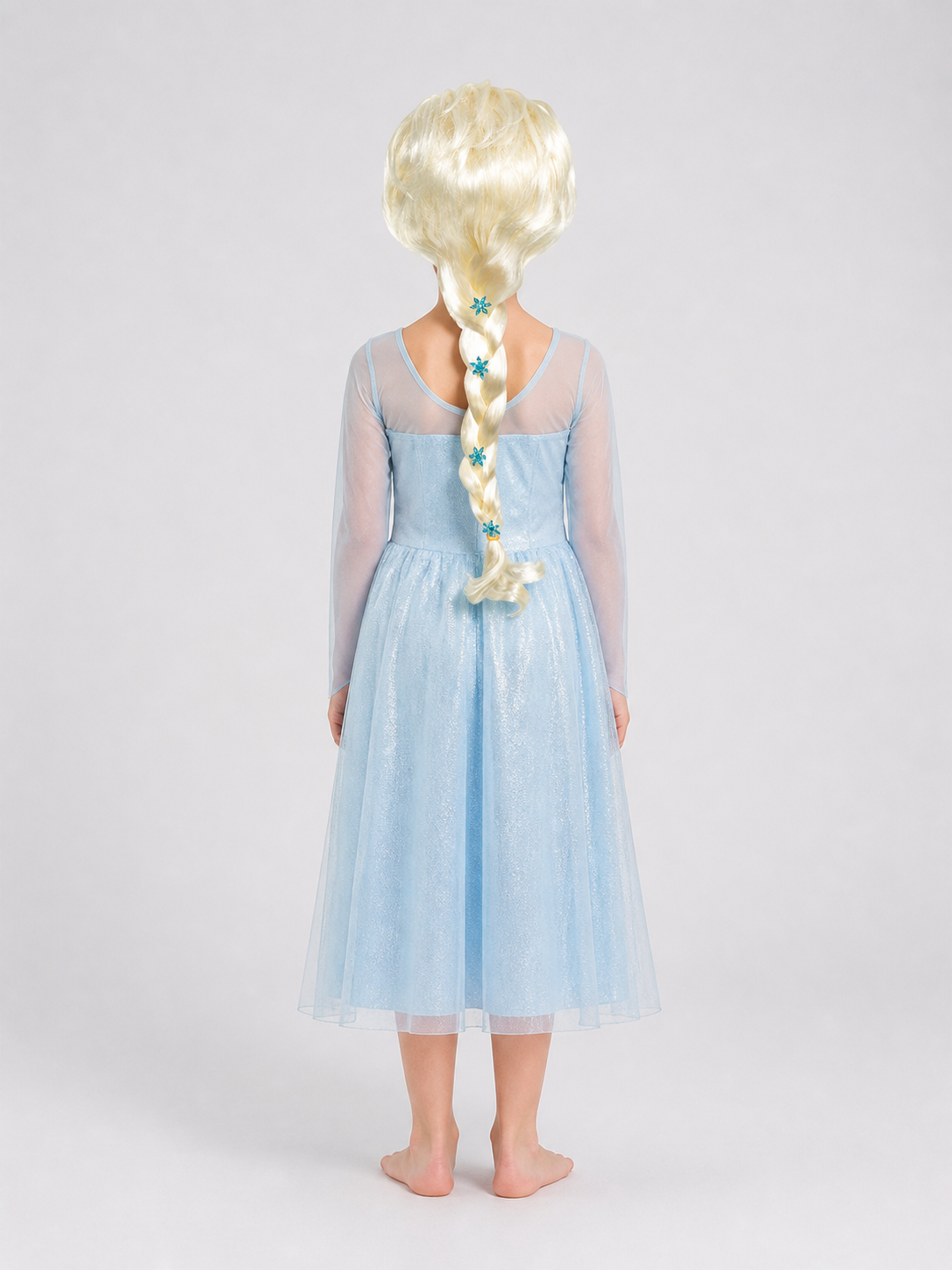 White and Gold Carnival Wig with Blue Snowflakes back view