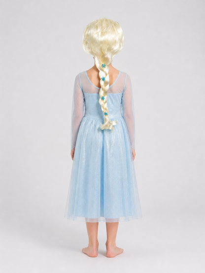 White and Gold Carnival Wig with Blue Snowflakes back view