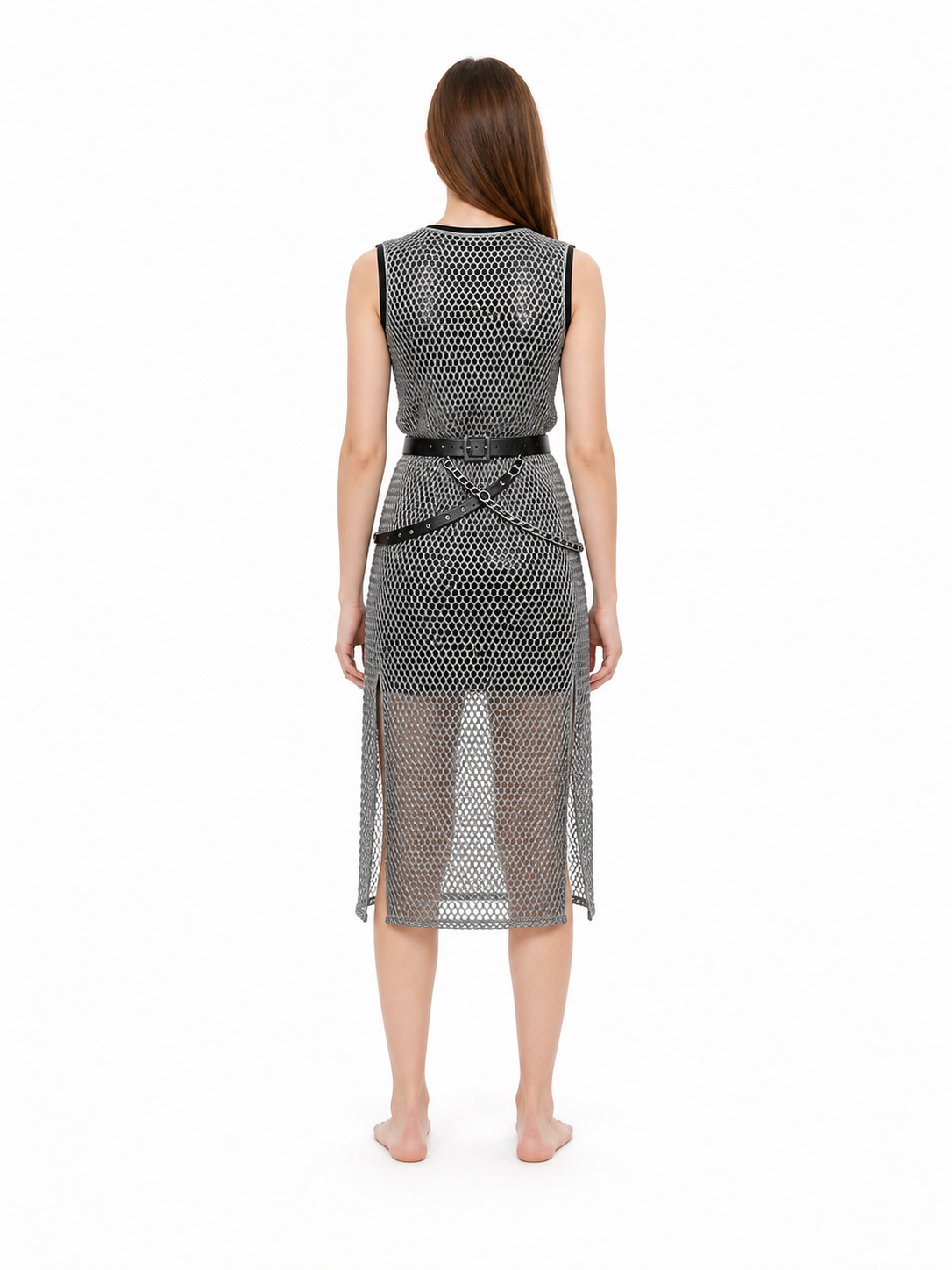 Renaissance-Style Mesh Midi Dress with Belt and Chain back view