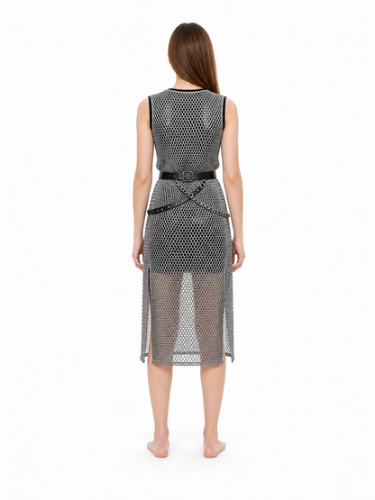 Renaissance-Style Mesh Midi Dress with Belt and Chain back view