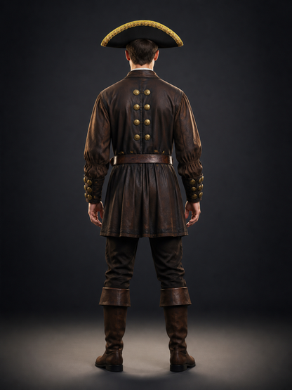 Black tricorn hat with gold trim worn by a fully costumed model shown from the back