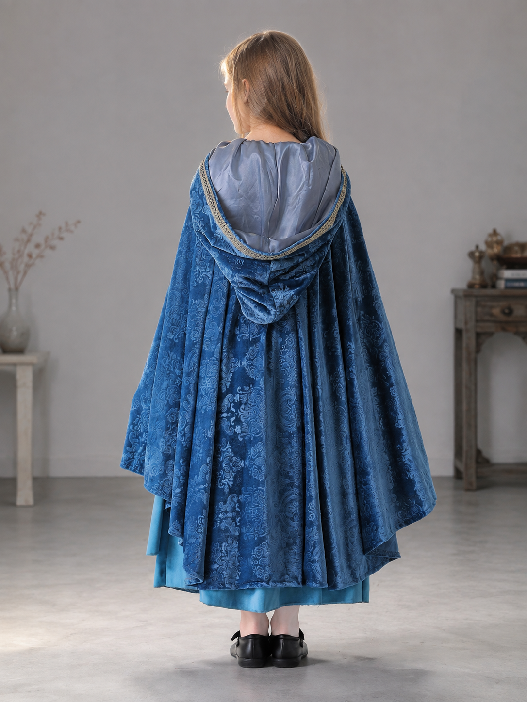 Medieval Hooded Dress with Cloak for Masquerades back view