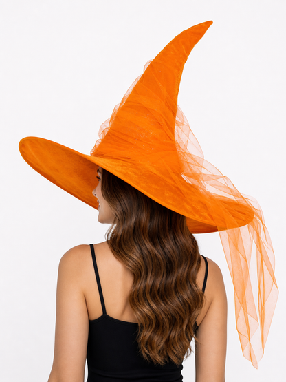 Orange Halloween Witch Hat, Tall Curved Pointed Crown, Wide Floppy Brim, Sheer Mesh Draping, Costume Accessory for Parties