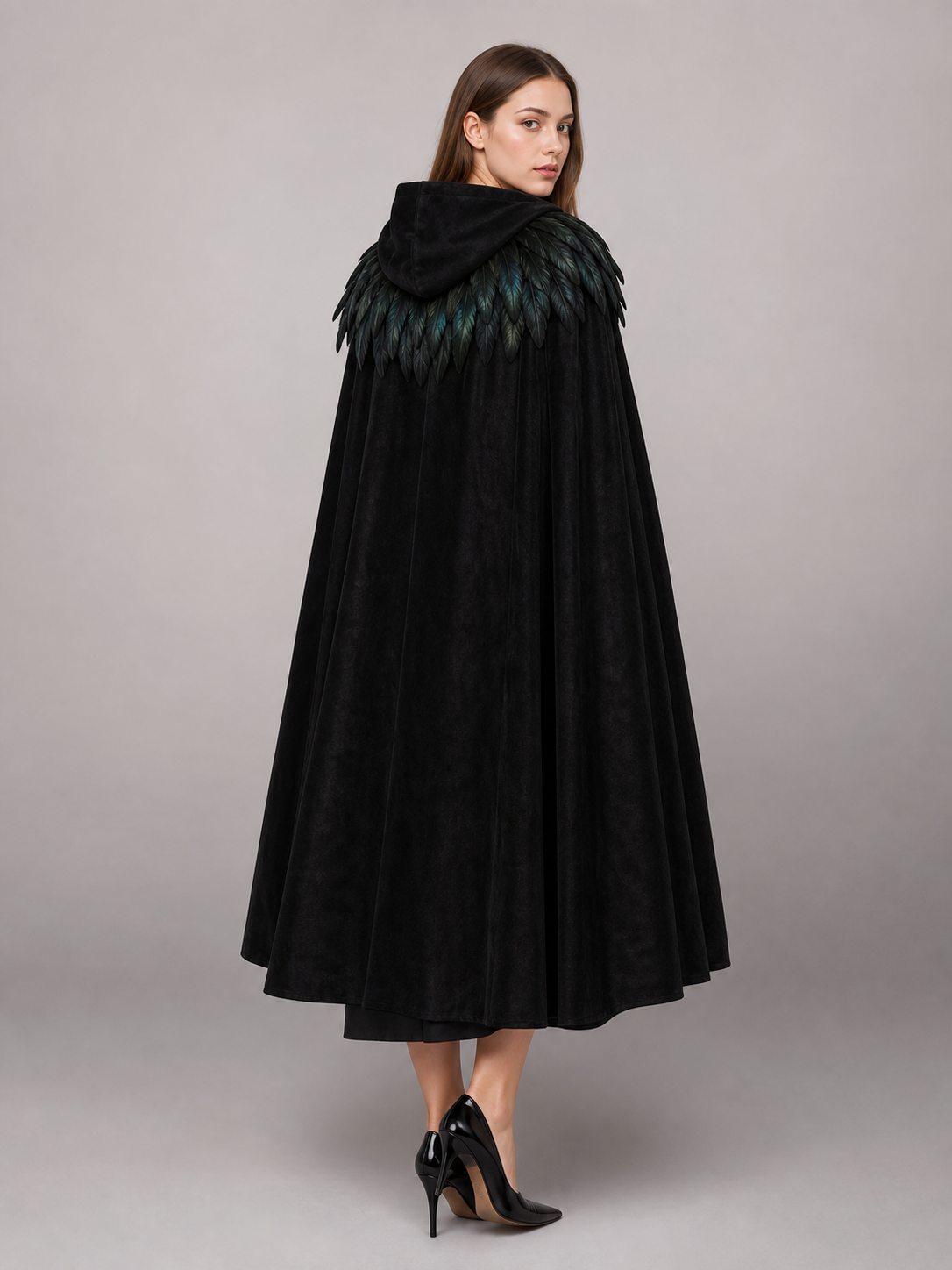 Black Velvet Hooded Cape with Feathers
