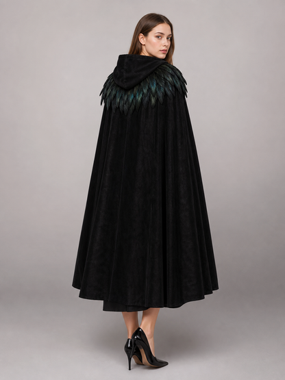 Black Velvet Hooded Cape with Feathers