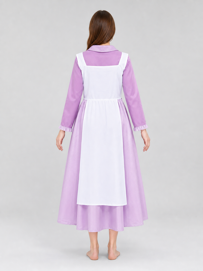 Purple dress costume with apron and bonnet