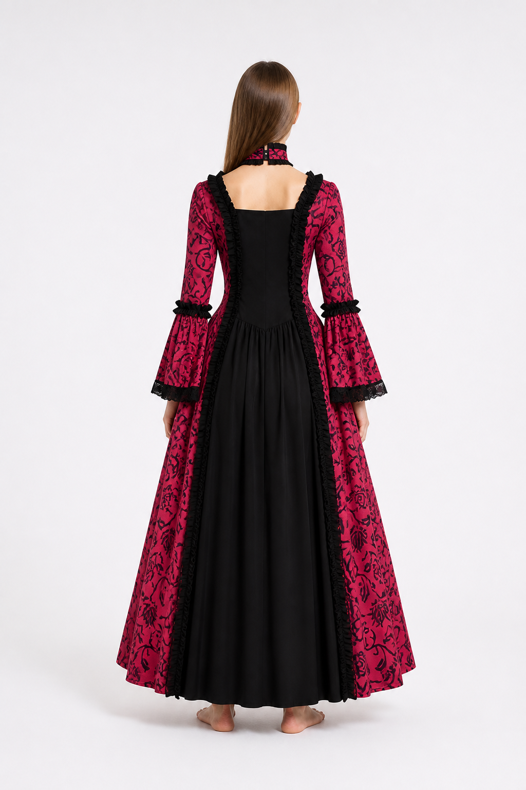 Gothic Dress with a Square Neckline and Ruffles back view