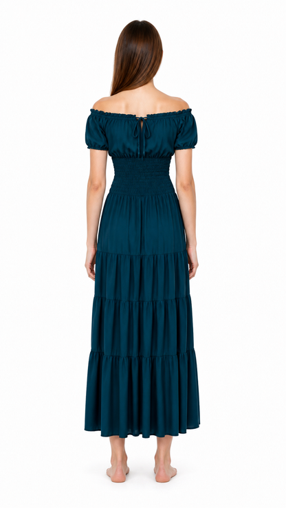 Long Dress with Off-the-Shoulder Neckline and Tiered Skirt back view