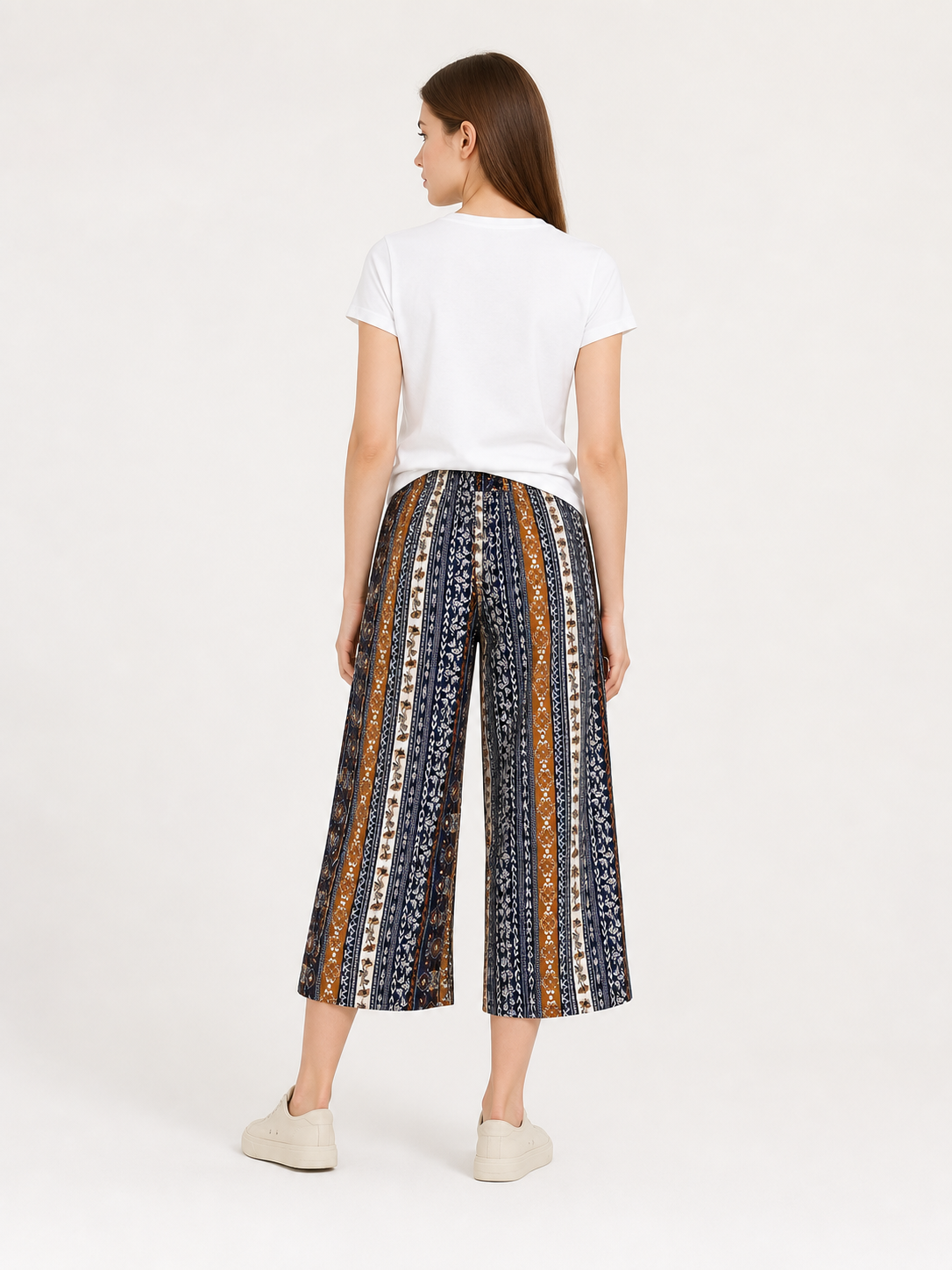 Bohemian High-Waist Wide-Leg Drawstring Pants with Multi-Color Vertical Stripes back view