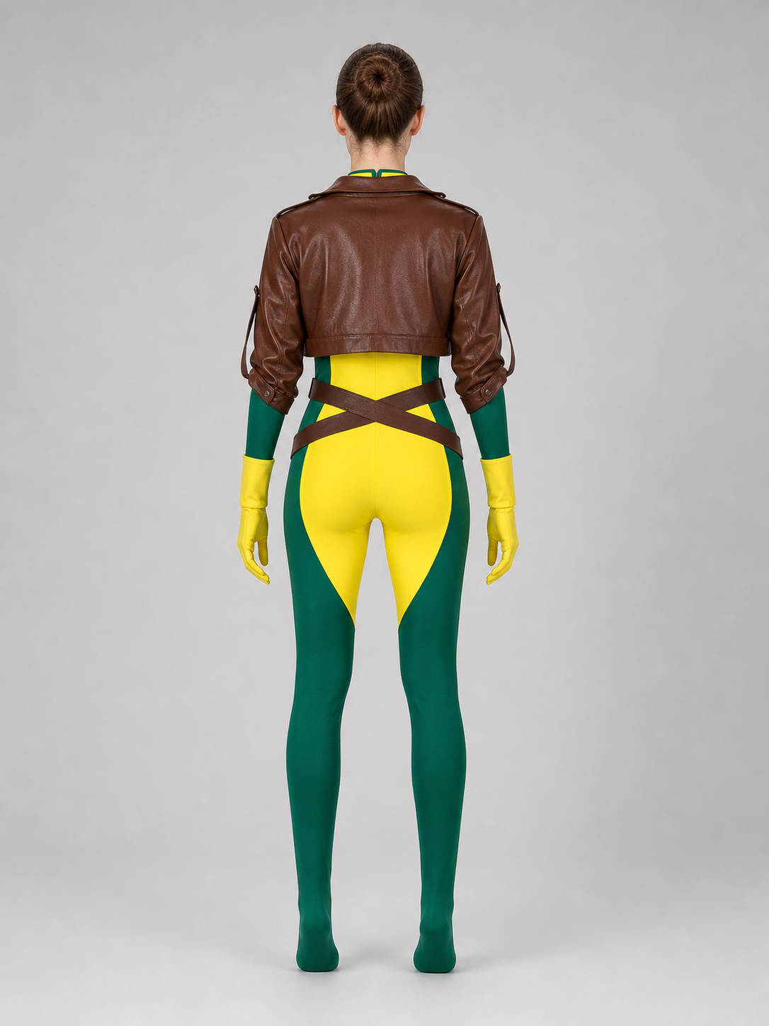 X-Men character cosplay set in a rich color combination of brown, red, green, yellow, and black. The set includes a sleeveless yellow-and-green jumpsuit with symmetrical black decorative graphic elements on the chest, along with a cropped b