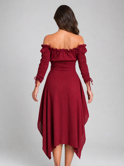 Burgundy Asymmetrical Off-the-Shoulder Dress