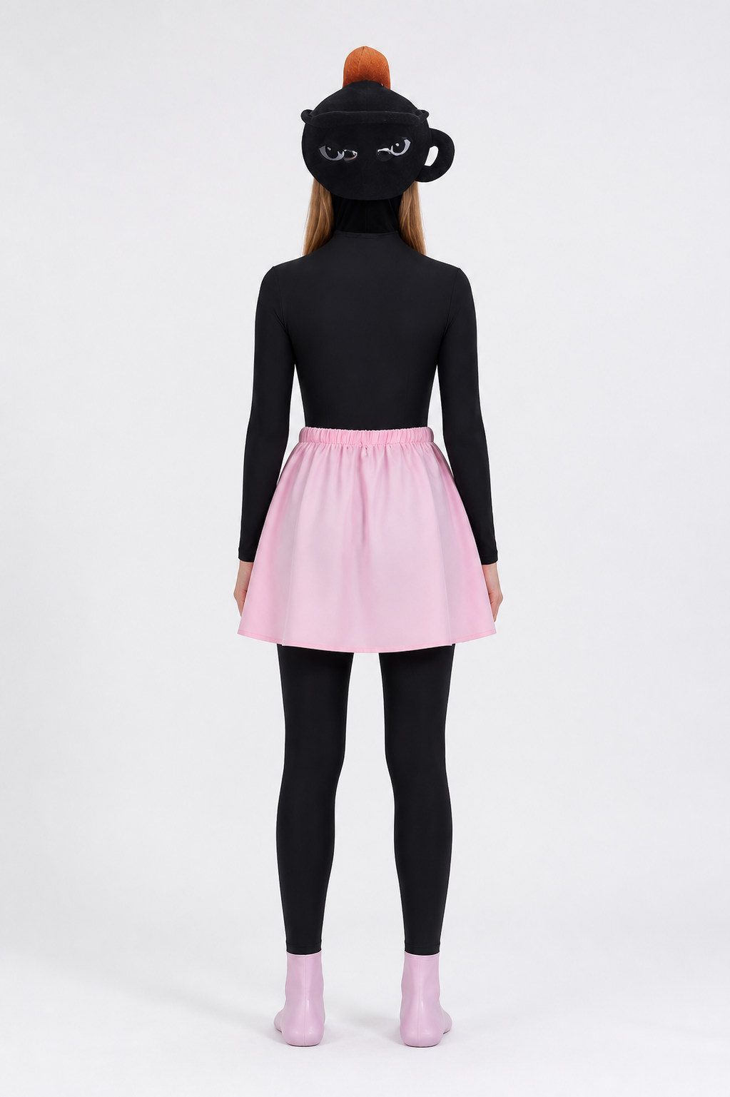 Cosplay costume with jumpsuit, skirt, and headpiece back view